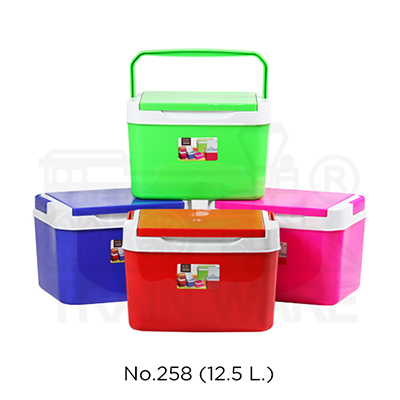 Wholesale 12.5L square insulated plastic coolers in red, blue, green, and pink, available in assorted colors at cheap bulk prices, featuring custom logo screen printing for premium promotional products in Thailand